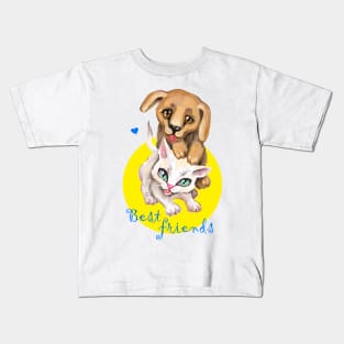 Cute small cat and dog. Sweet little baby pets. Kitten and puppy friends. Kids T-Shirt